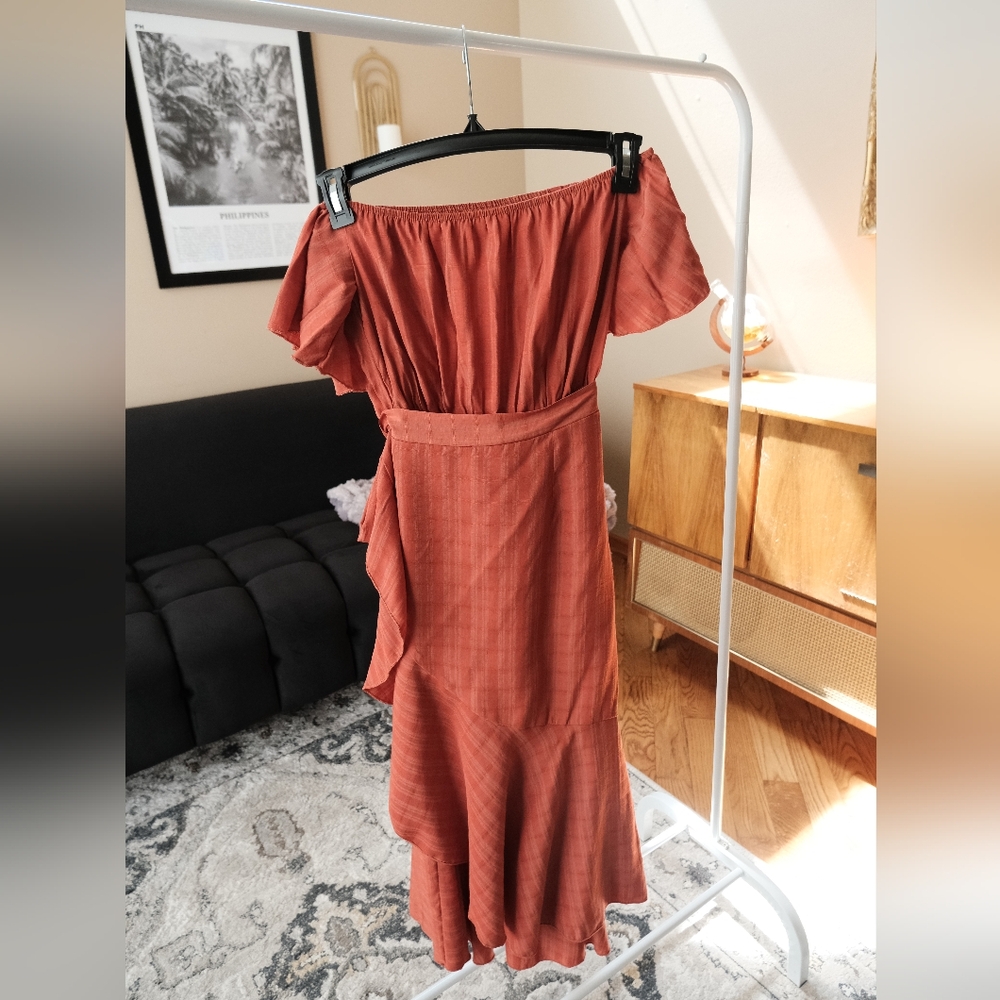Elegant Asymmetrical Off-Shoulder Wrap Dress in Terracotta